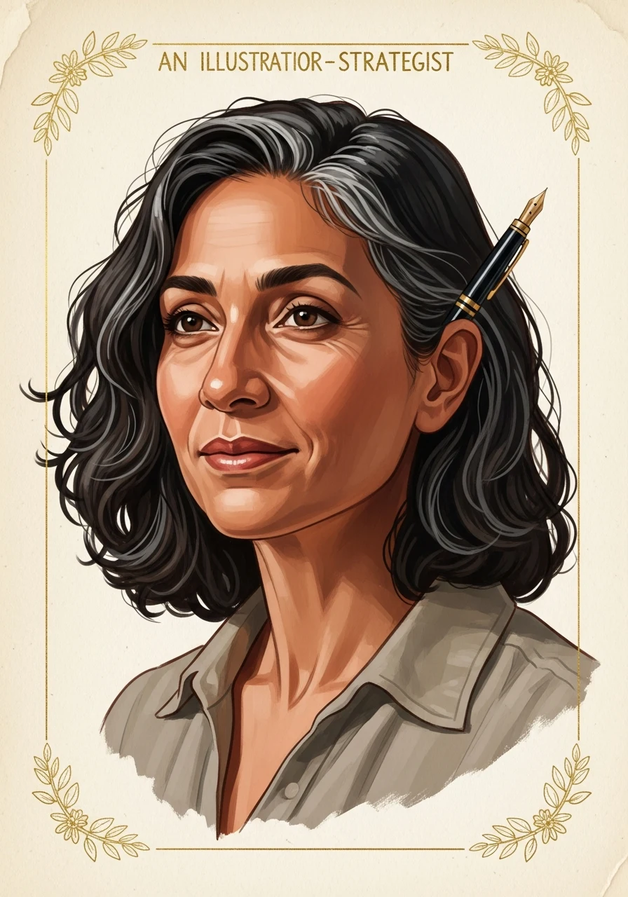 A woman in her forties with a fountain pen tucked behind her ear, painted as an illuminated manuscript portrait.