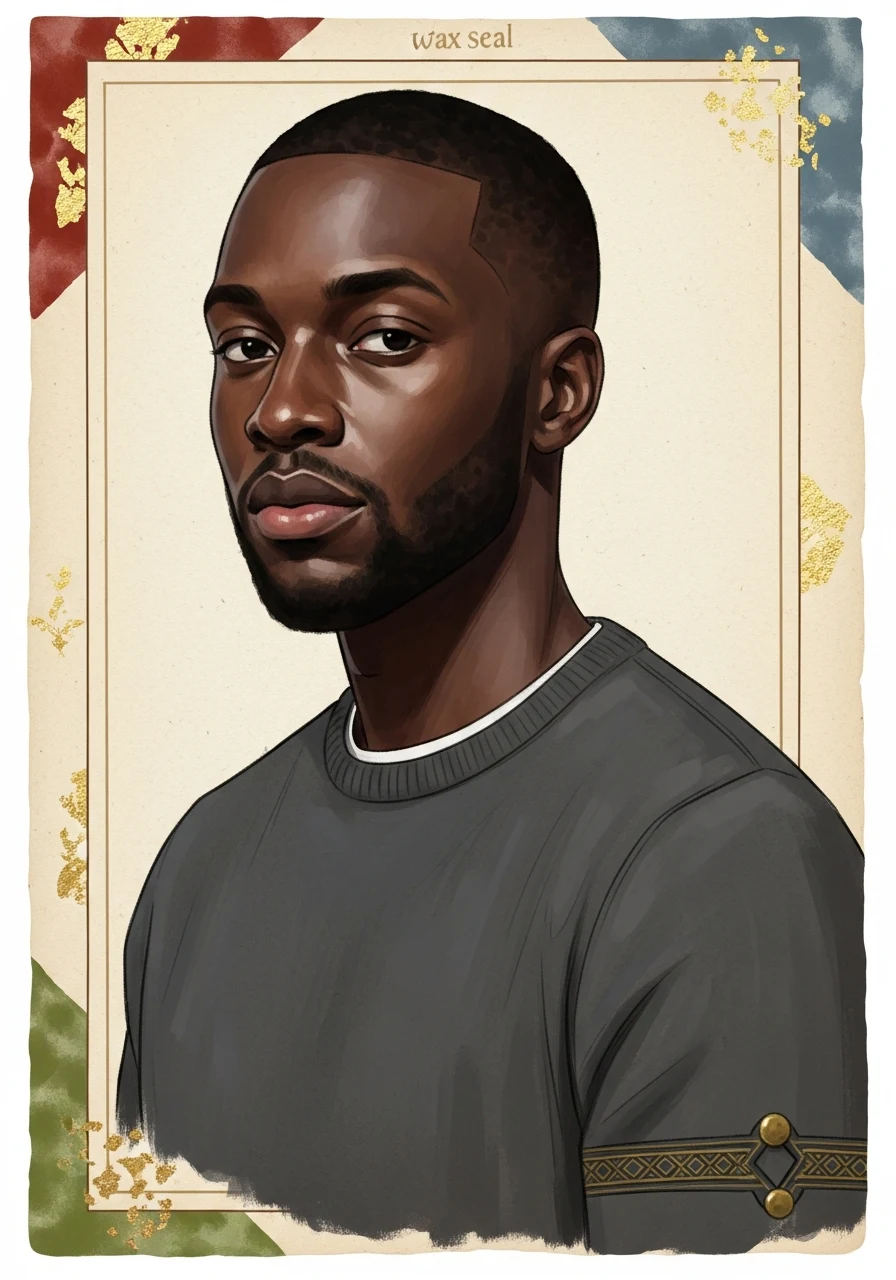 A Black man in his thirties wearing a charcoal merino crewneck, painted as an illuminated manuscript portrait.
