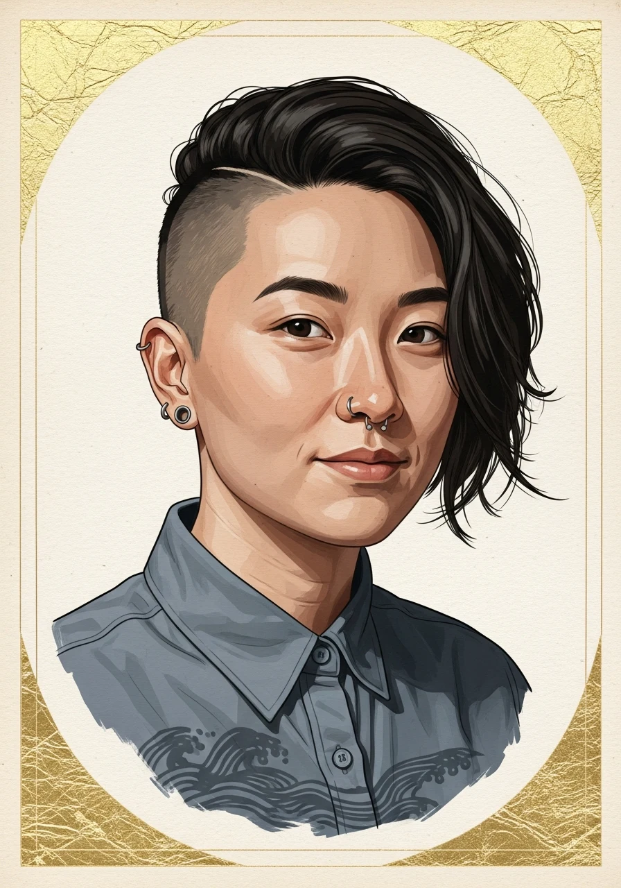 A non-binary person in their twenties with an undercut, painted as an illuminated manuscript portrait.