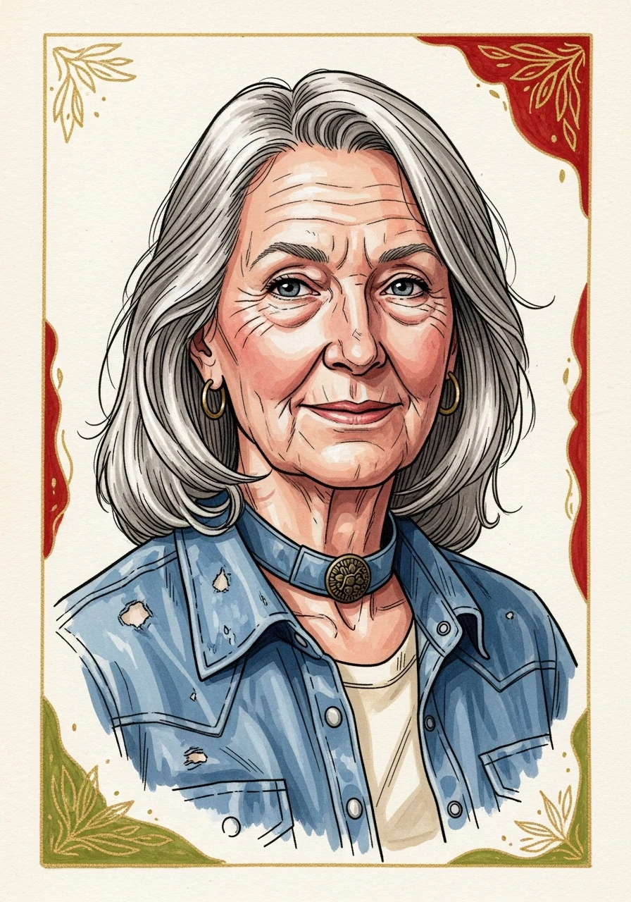 An older woman with silver-grey hair, painted as an illuminated manuscript portrait.