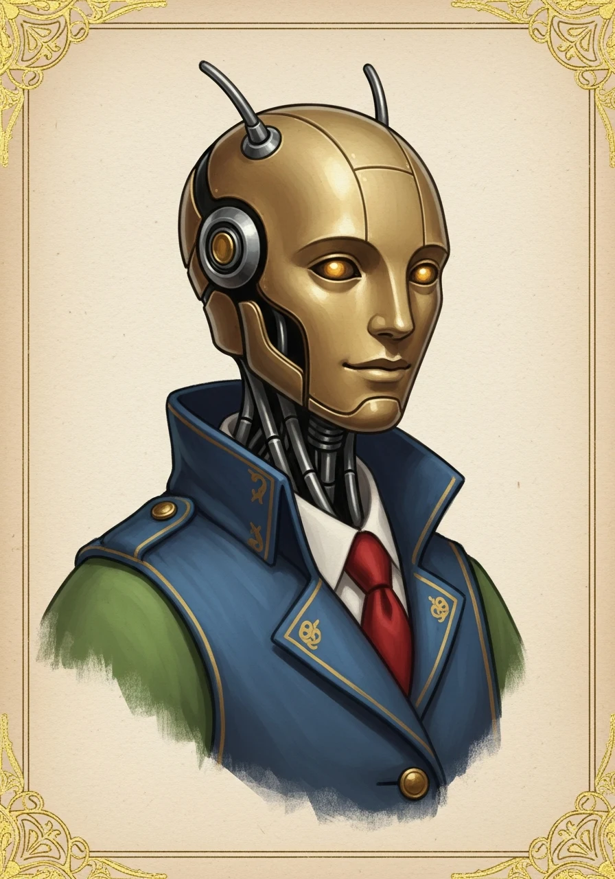 An illuminated-manuscript-style android with a ceramic-bronze face and gold seams.