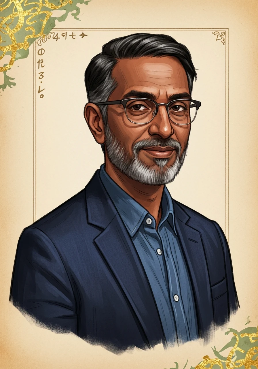 A South Asian man in his fifties with half-rim glasses and a navy linen blazer, painted as an illuminated manuscript portrait.