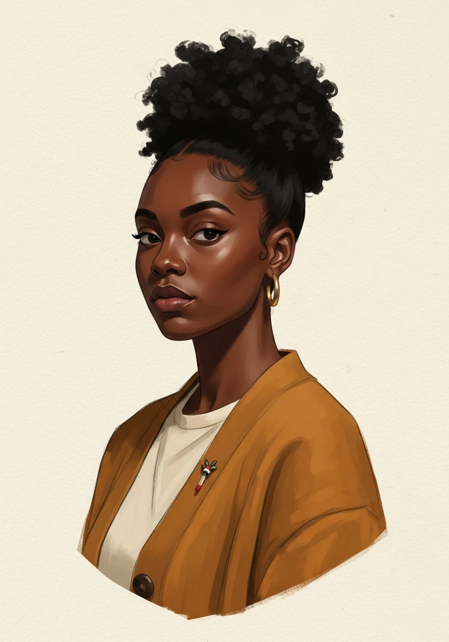 A young Black woman with a high pineapple puff and gold hoops, painted as an illuminated manuscript portrait.