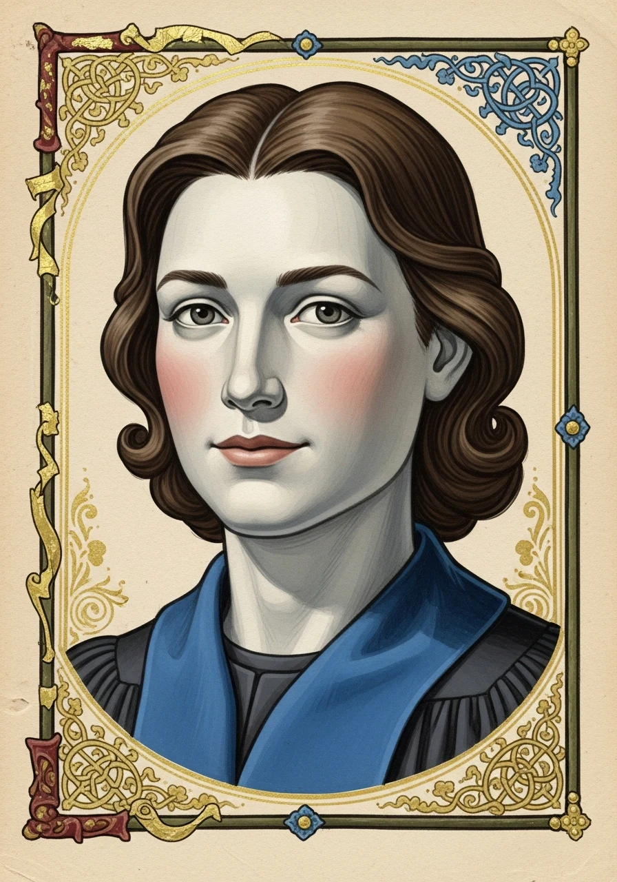 A humanoid android with a soft matte porcelain face and walnut-wood hair, painted in the illuminated manuscript style.