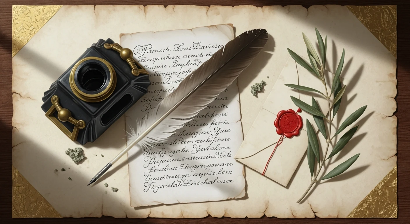A vellum desk scene with an inkwell, quill, a folded letter sealed in red wax, and a sprig of dried olive leaves.